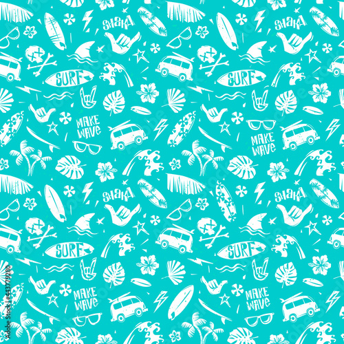 Surfing tropical printable seamless pattern. Surfing pattern with summer elements for print fabric design. Surf grunge design elements for print fabric, t-shirt, summer poster