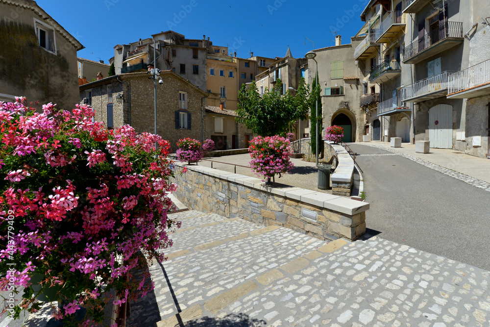 Town and geranium flowers at Sisteron, a commune in the Alpes-de-Haute-Provence department in the Provence-Alpes-Côte d'Azur region in southeastern France 