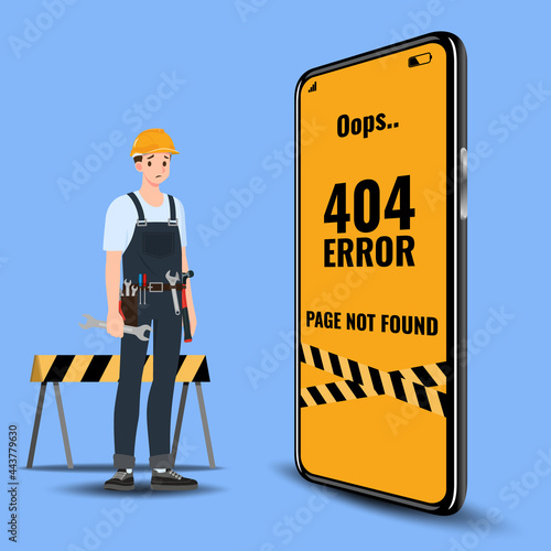 Flat error 404 sign layout yellow screen on mobile phone. The builder standing near a large cell phone and show Website 404 page on screen. The page you requested could not be found.