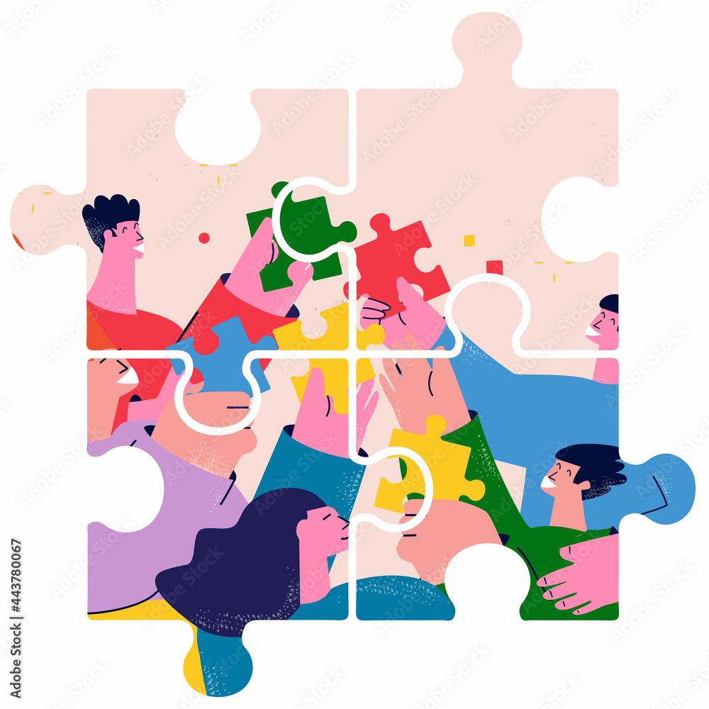 Teamwork and team building, corporate organization and partnership, problem solving, creative solution, innovative business approach, brainstorming, unique ideas and skills flat vector illustration
