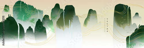 landscape Asian background ,Oriental Chinese and Japanese style abstract pattern background design  with mountain and waterfall decorate in water color texture