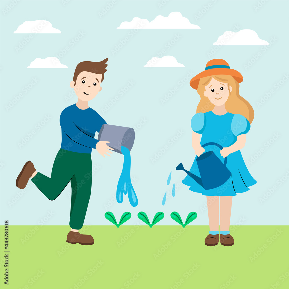 Children grow plants. A boy and a girl are watering the sprouts. Young gardeners. Vector illustration