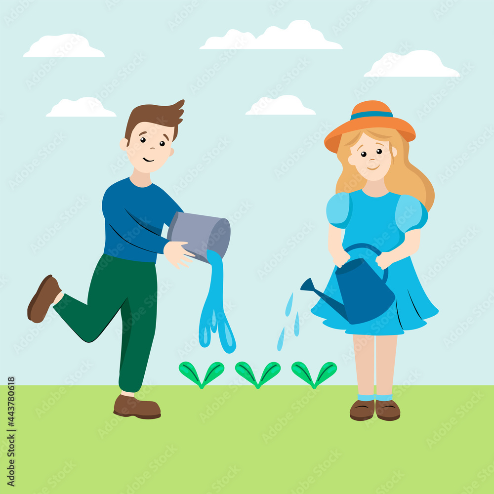 Children grow plants. A boy and a girl are watering the sprouts. Young gardeners. Vector illustration Children grow plants. A boy and a girl are watering the sprouts. Young gardeners. Vector illustration