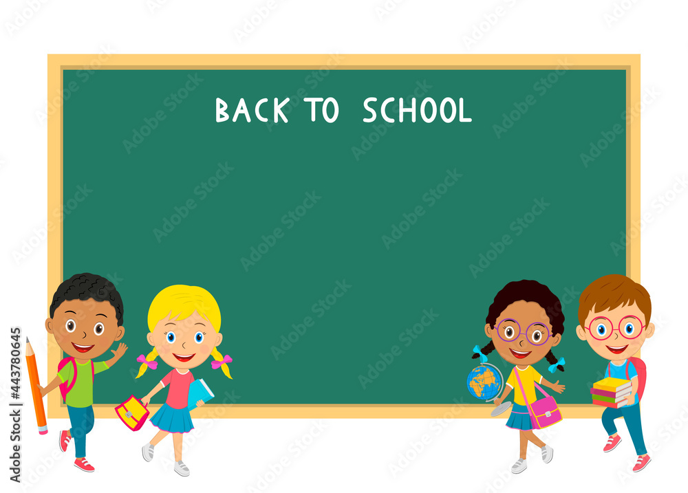 cute cartoon kids and school blackboard