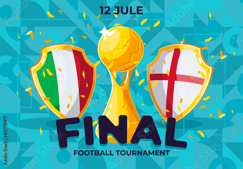 Vector illustration of a poster and flyer template for a football tournament, the final of the football championship between the Italian national team and the English national team, shields with flags