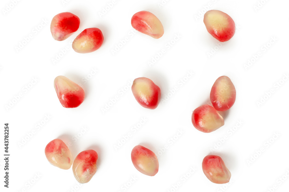 Fresh pomegranate seeds isolated on white background Fresh pomegranate seeds isolated on white background