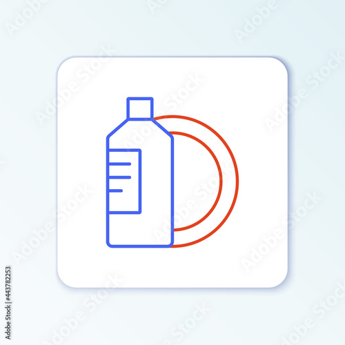 Line Dishwashing liquid bottle and plate icon isolated on white background. Liquid detergent for washing dishes. Colorful outline concept. Vector