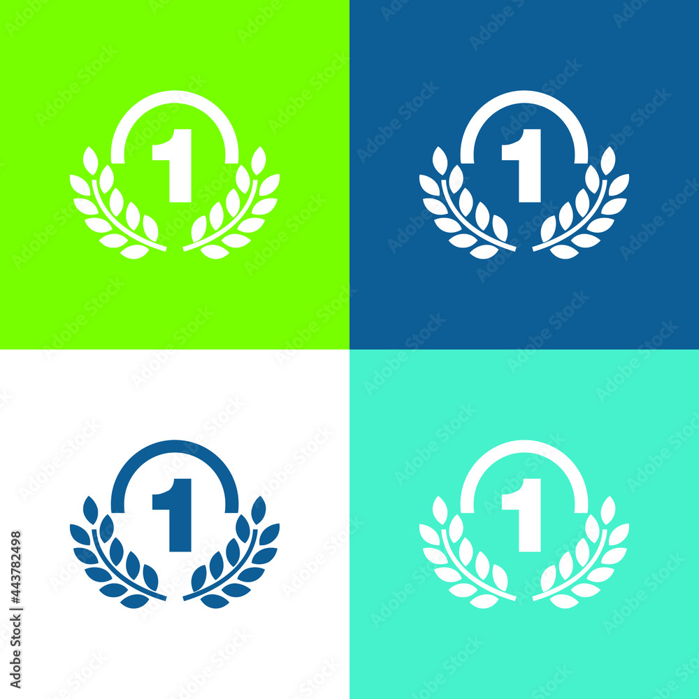 Award Medal Of Number One With Olive Branches Flat four color minimal icon set Award Medal Of Number One With Olive Branches Flat four color minimal icon set