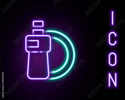 Glowing neon line Dishwashing liquid bottle and plate icon isolated on black background. Liquid detergent for washing dishes. Colorful outline concept. Vector