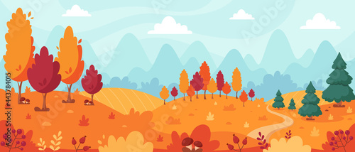 Autumn landscape with trees, mountains, fields, leaves. Countryside landscape. Autumn background. Vector illustration