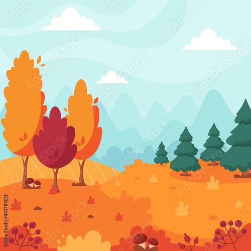 Autumn landscape with trees, mountains, fields, leaves. Countryside landscape. Vector illustration