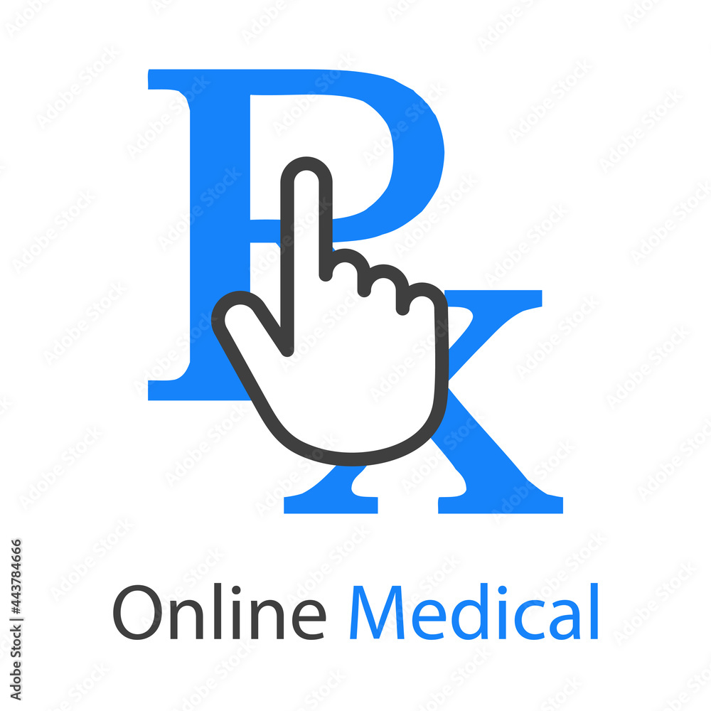 Logotipo con texto Online Medical con letras RX y mano de mouse en color azul y gris