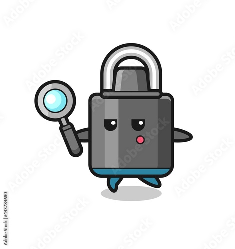 padlock cartoon character searching with a magnifying glass