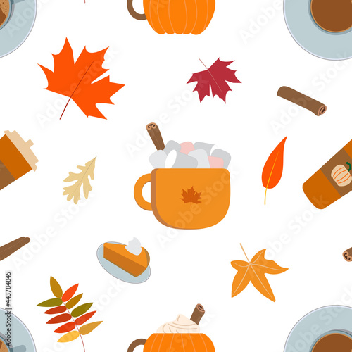 Vector fall flat pumpkin spice latte season seamless pattern. Coffee latte cup, cocoa mug with marshmallow, orange pumpkin mug, piece of pie, autumn leaves. Isolated on white background.