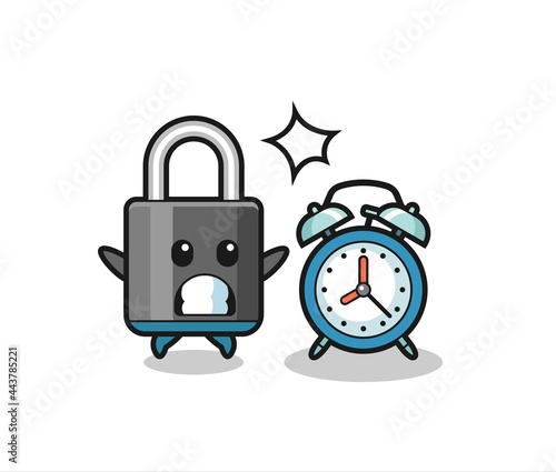 Cartoon Illustration of padlock is surprised with a giant alarm clock