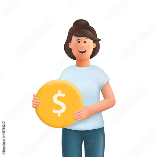 Young woman Jane holding a gold coin. Earning money, increasing capital, the pursuit of money, capital gains, cash gains concept. 3d vector people character illustration.