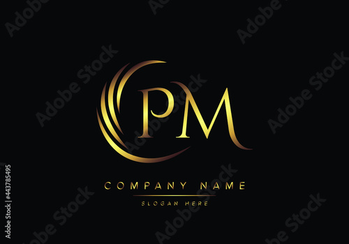 alphabet letters PM monogram logo, gold color elegant classical