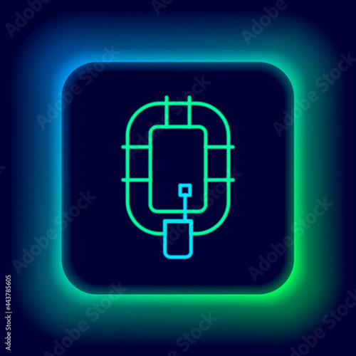 Glowing neon line Inflatable boat icon isolated on black background. Rafting boat. Water sports, extreme sports, holiday, vacation. Colorful outline concept. Vector