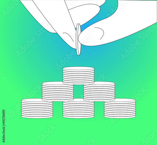 Pyramid scheme icon on an isolated green background for website design. A pyramid of iron coins. The concept of a financial pyramid. Illustration.