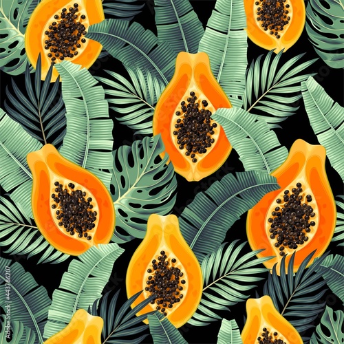 Vector seamless pattern with papaya and palm leaf
