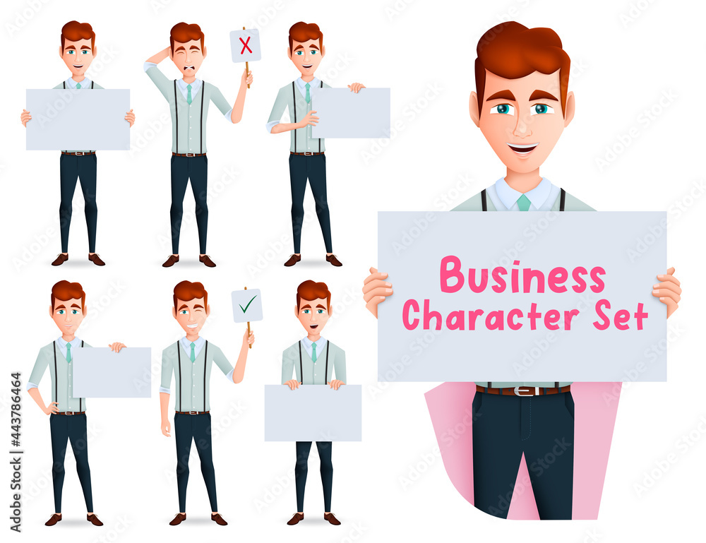 Businessman characters vector set. Business man character holding and showing whiteboard element for reporting and presenting male employee cartoon collection design. Vector illustration
Businessman characters vector set. Business man character holding and showing whiteboard element for reporting and presenting male employee cartoon collection design. Vector illustration