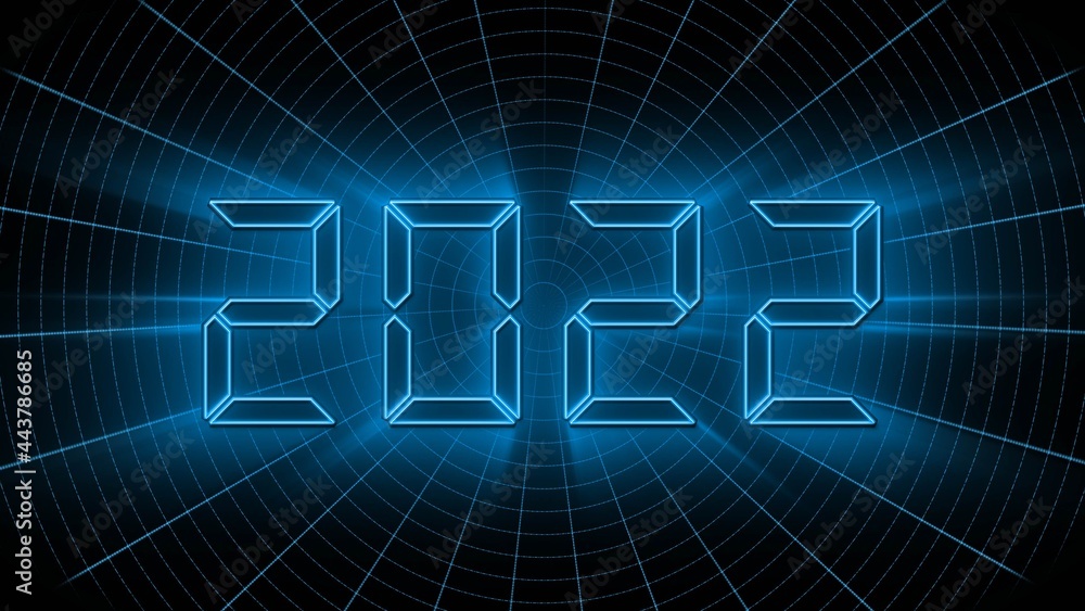Year change 2022 - glowing blue year digits in digital font - abstract grid background in black - 3D illustration Year change 2022 - glowing blue year digits in digital font - abstract grid background in black - 3D illustration