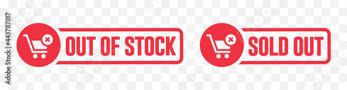 Sold-out,  Out-of-stock red stamp banner sign set. . Isolated stamped business signs. Out-of-Stock and Sold-Out labels. Web or supermarket product stickers. Vector illustration.