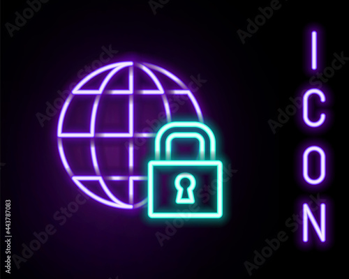 Glowing neon line Global lockdown - locked globe icon isolated on black background. Colorful outline concept. Vector