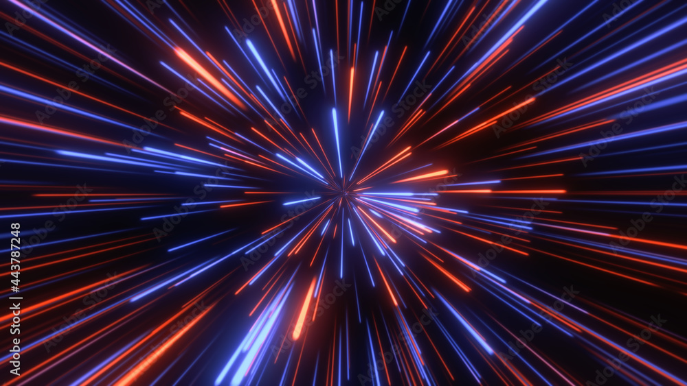 Through space, starfield. Abstract particles, neon rays background. Through space, starfield. Abstract particles, neon rays background.