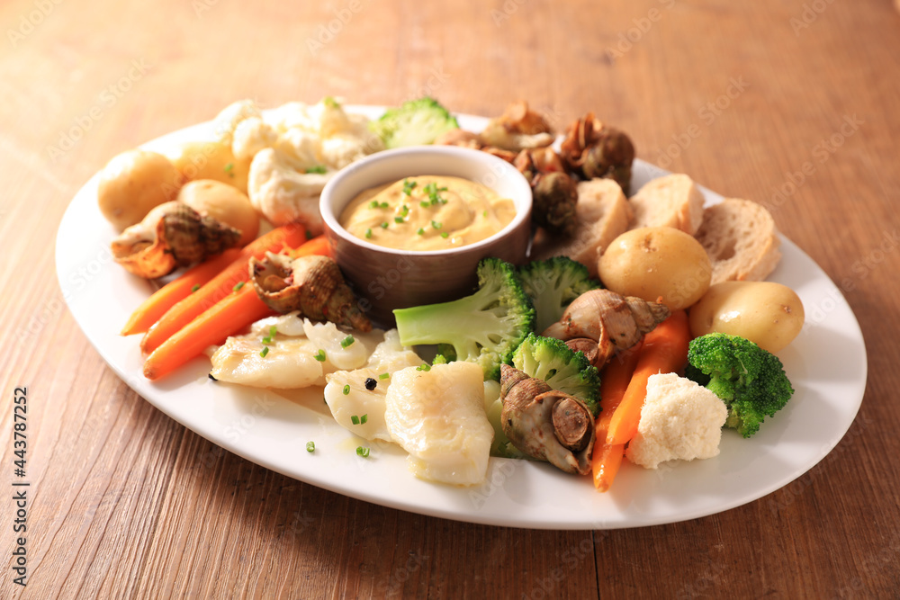 vegetable, fish and dipping sauce- aioli vegetable, fish and dipping sauce- aioli