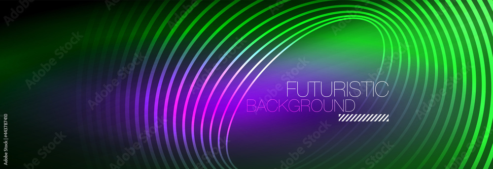 Dark abstract background with glowing neon circles. Trendy layout template for business or technology presentation, internet poster or web brochure cover, wallpaper Dark abstract background with glowing neon circles. Trendy layout template for business or technology presentation, internet poster or web brochure cover, wallpaper