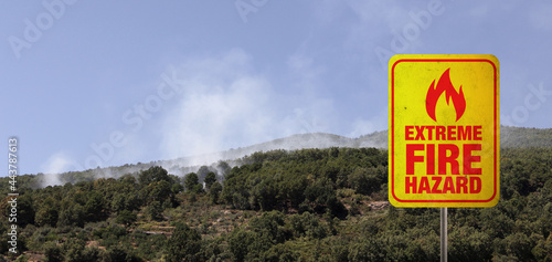 Extreme fire hazard banner with forest fire in the background.