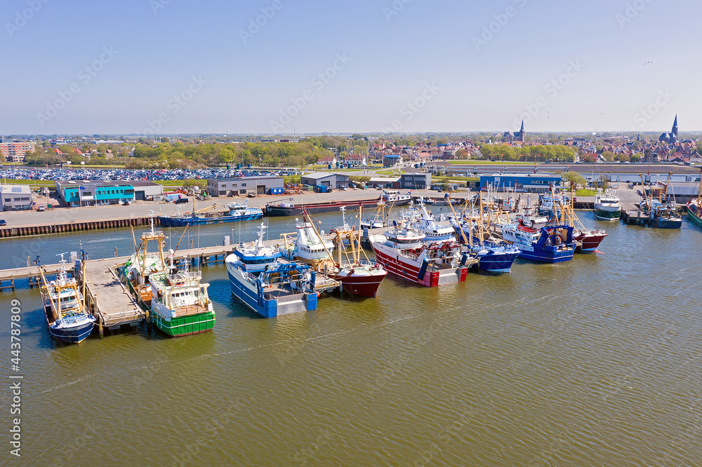Aerial from the fishing harbor from Harlingen in the Netherlands