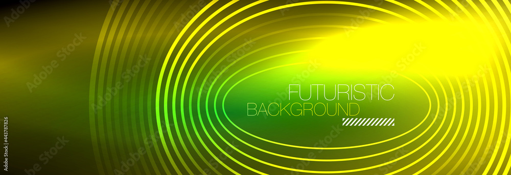 Dark abstract background with glowing neon circles. Trendy layout template for business or technology presentation, internet poster or web brochure cover, wallpaper Dark abstract background with glowing neon circles. Trendy layout template for business or technology presentation, internet poster or web brochure cover, wallpaper
