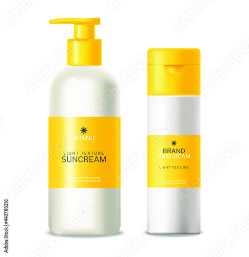 Yellow cosmetics sunscreen lotion vector realistic. Product placement mock ups