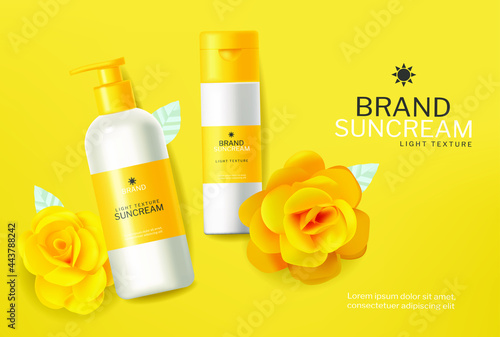 Yellow cosmetics sunscreen lotion vector realistic. Product placement mock ups