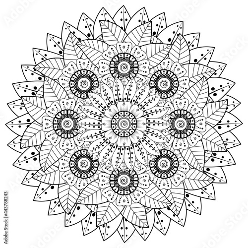 Fototapeta Naklejka Na Ścianę i Meble -  Mehndi flower for henna, mehndi, tattoo, decoration. decorative ornament in ethnic oriental style. doodle ornament. coloring book page.