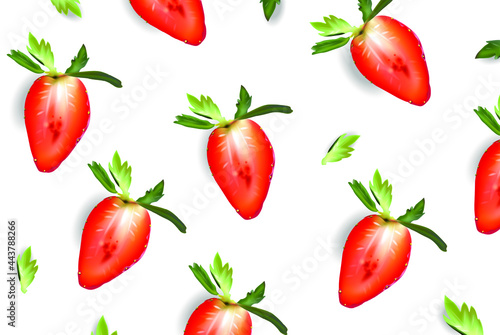 Strawberry sliced juicy poster Vector realistic. Sweet summer banner. 3d detailed illustration.