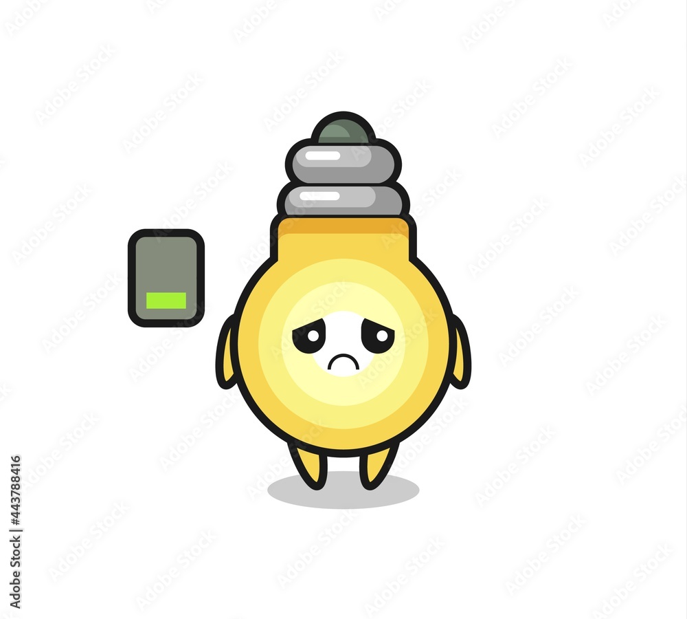 light bulb mascot character doing a tired gesture