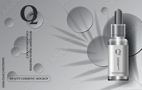 beauty cosmetic serum medical skin care of dropper bottle glass, oil liquid essential collagen mock up, vector illustration
