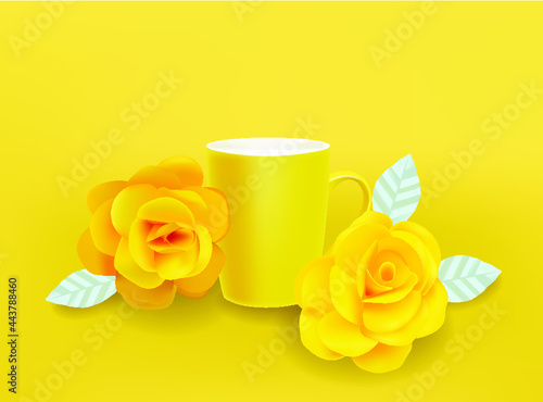 Yellow mug and flowers Vector realistic. Summer decor sets illustrations