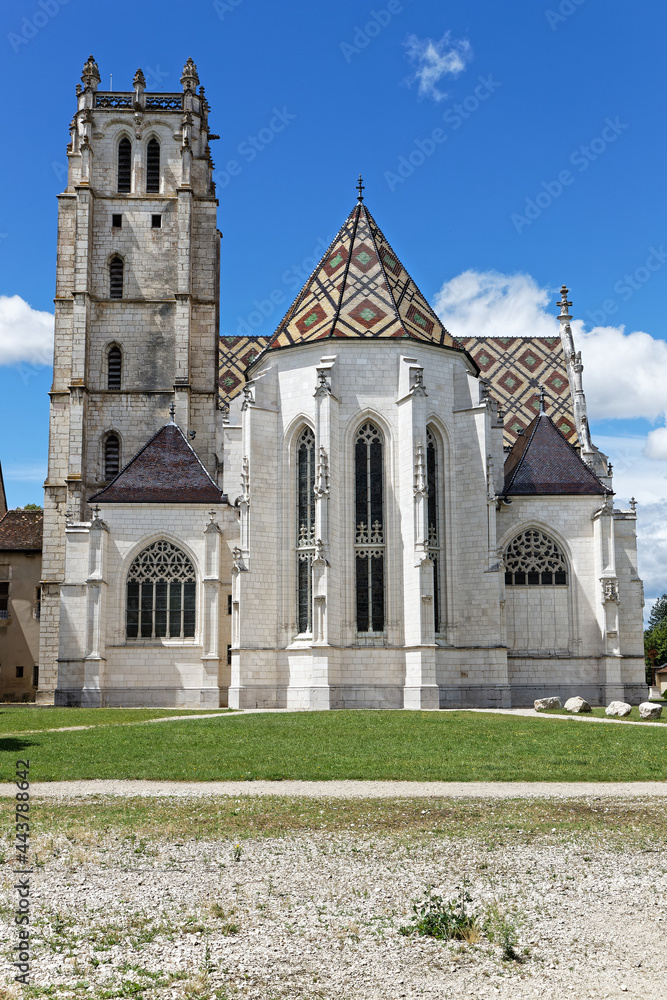 BOURG-EN-BRESSE, FRANCE, June 29, 2021 : Outdoor vertical view of Brou Royal Monastery