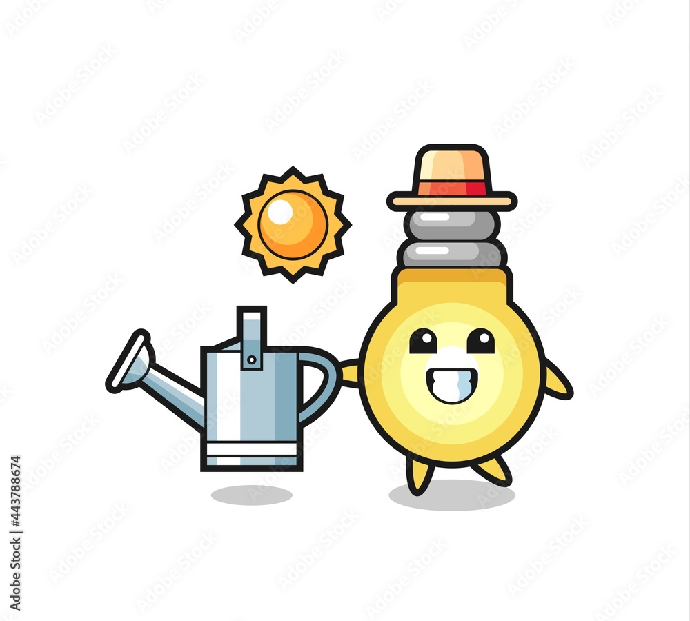 Cartoon character of light bulb holding watering can