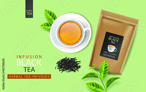 Black tea bag and cup vector realistic. Product placement mock up. 3d detaile...