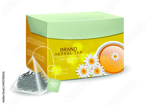 Chamomile tea pack in triangle bags infusion. Organic herbs vector realistic drink. 3d detailed illustration