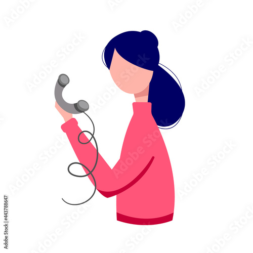 Woman with landline telephone in her hand. Concept illustration for customer support, help, call center. Vector illustration.