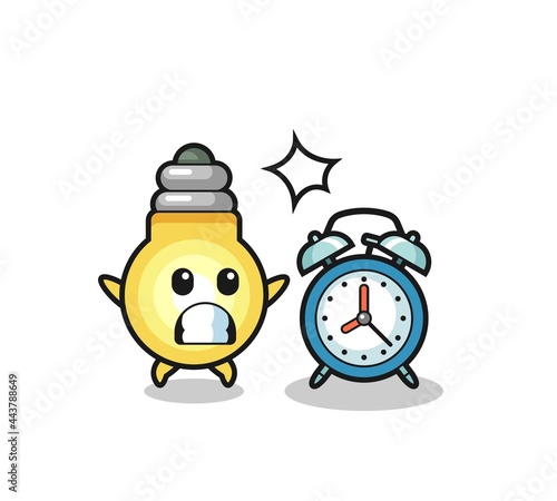 Cartoon Illustration of light bulb is surprised with a giant alarm clock