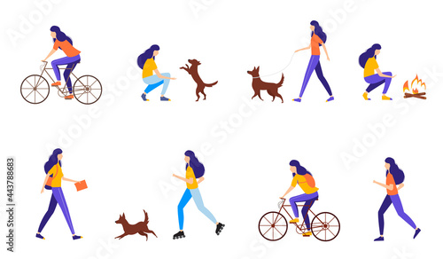 Young woman doing different outdoor activities: running, cycling, rollerblading, walking with dog, traveling. Active and healthy lifestyle concept. Vector illustration in flat style. 