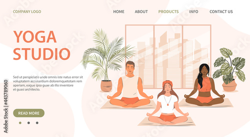 Yoga studio page template. Group of different people do yoga and meditates in gym. Concept of yoga school, sport, stress relief, physical and mental health. Vector illustration.