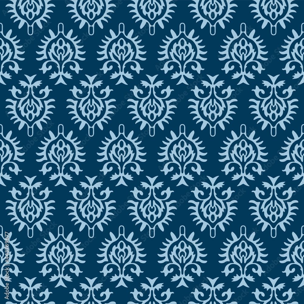 Japanese Indian Blue Flower Motif Vector Seamless Pattern